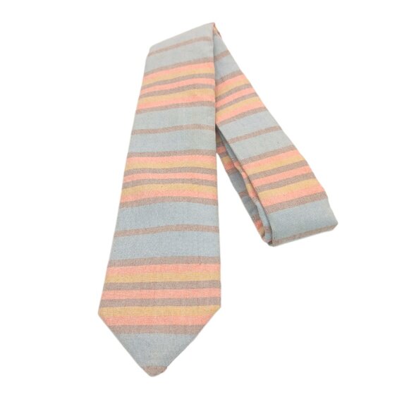 Brooklyn Tailors Cotton Tie Men’s 54.25” Blue Taupe Horizontal Stripe Skinny New - Picture 2 of 4